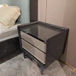 Striped Natural Wood Veneer Nightstand with Painted Wood Veneer Top